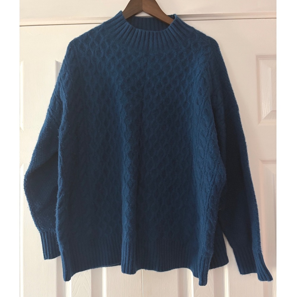 Ann Taylor 100% Cashmere Sweater XL Teal Blue Cable Knit Mock Neck Pullover